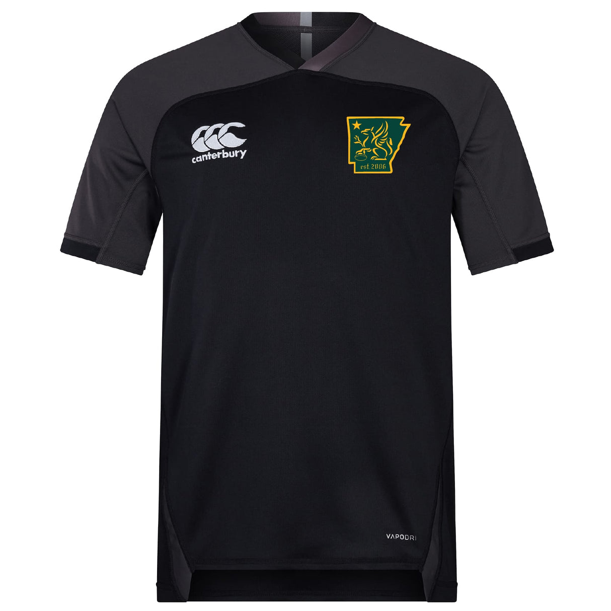 The Arkansas Gryphons Vapodri Evader Jersey by EMB Canterbury is a black short-sleeve top with grey shoulders, a white Canterbury logo on the right chest, and a green-yellow lion crest—crafted with moisture-wicking comfort.
