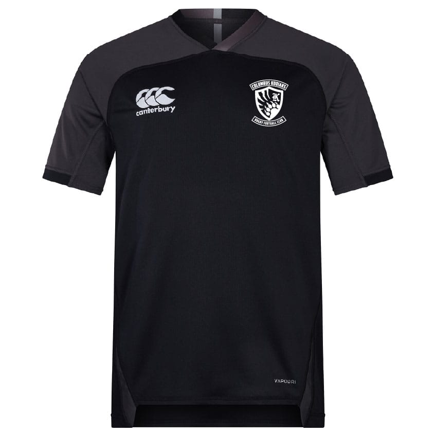 Black short-sleeve Columbus Kodiaks Vapodri Evader Jersey by EMB Canterbury features a shield-shaped club crest and moisture-wicking tech for comfort, perfect for training or supporting your team at the Rugby World Cup.