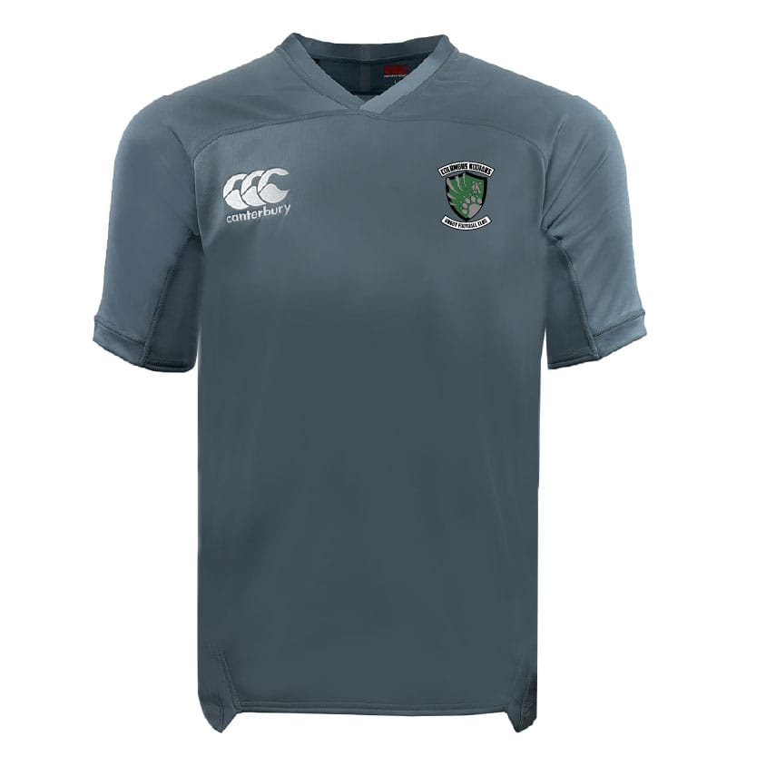 The Columbus Kodiaks Vapodri Evader Jersey by EMB Canterbury is a grey short-sleeved top featuring the Canterbury logo on the right chest, a green and black crest on the left, and advanced moisture-wicking for comfort.