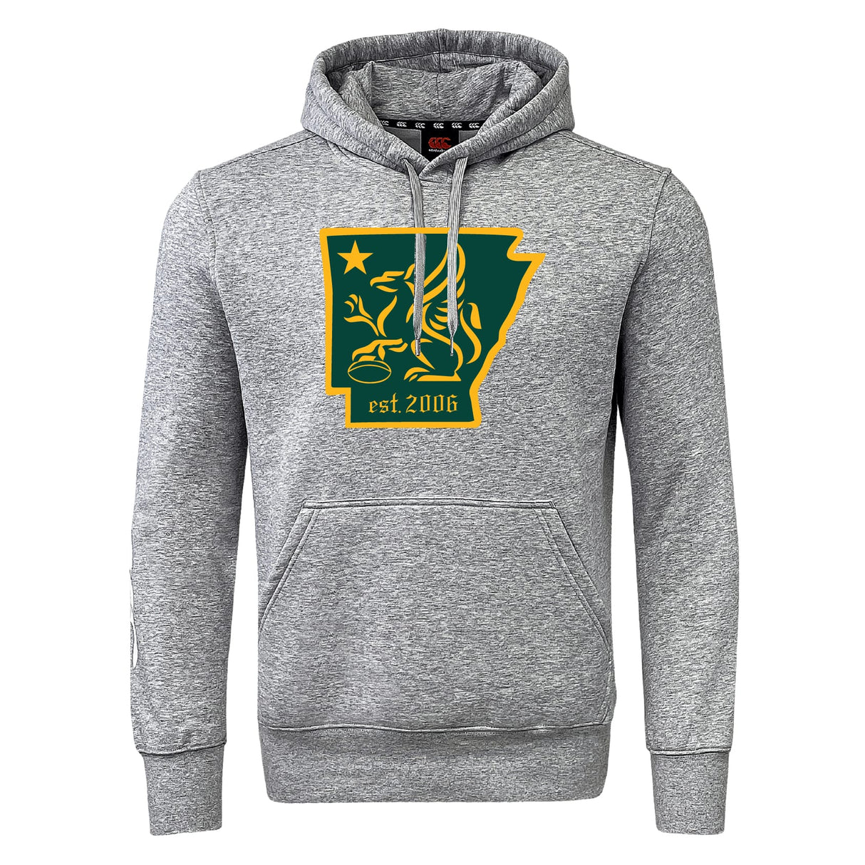 The Arkansas Gryphons Club Hoodie by WRS Canterbury features a gray design with a yellow-outlined green lion, star, and "est. 2006" inside the Arkansas state shape on the chest.