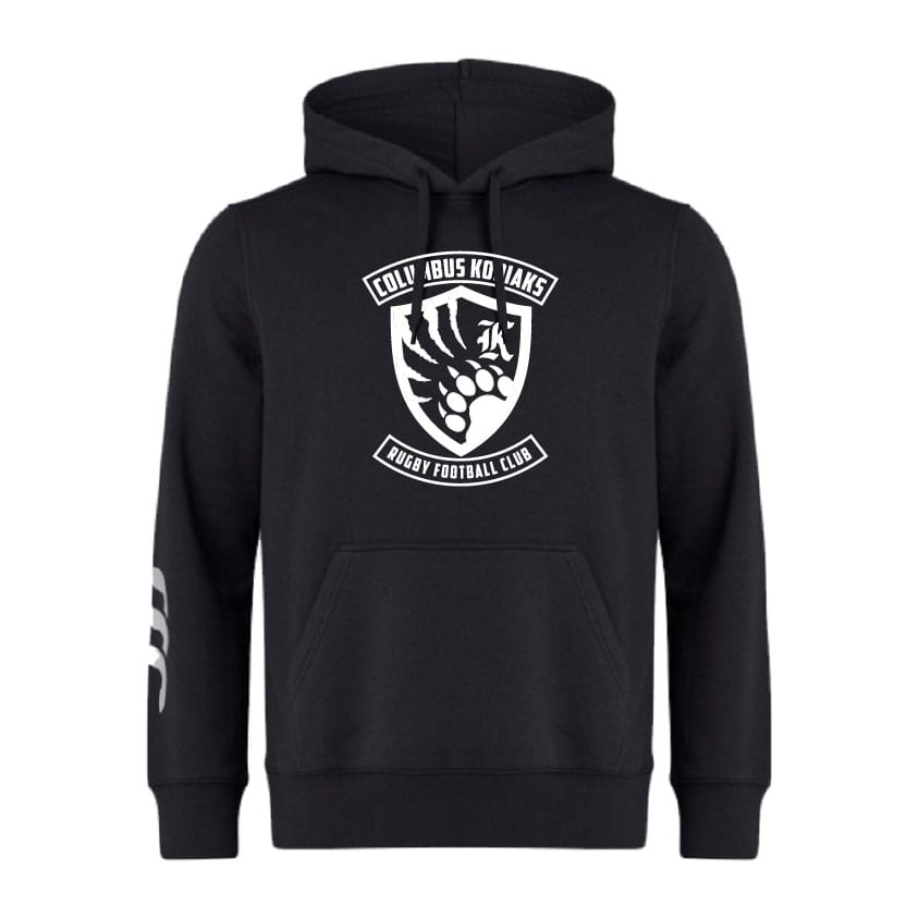 The Columbus Kodiaks Club Hoodie by WRS Canterbury features premium fleece, a front pouch pocket, drawstring hood, white “Columbus Kodiaks Rugby Football Club” logo, and contrasting white stripes on the right sleeve.