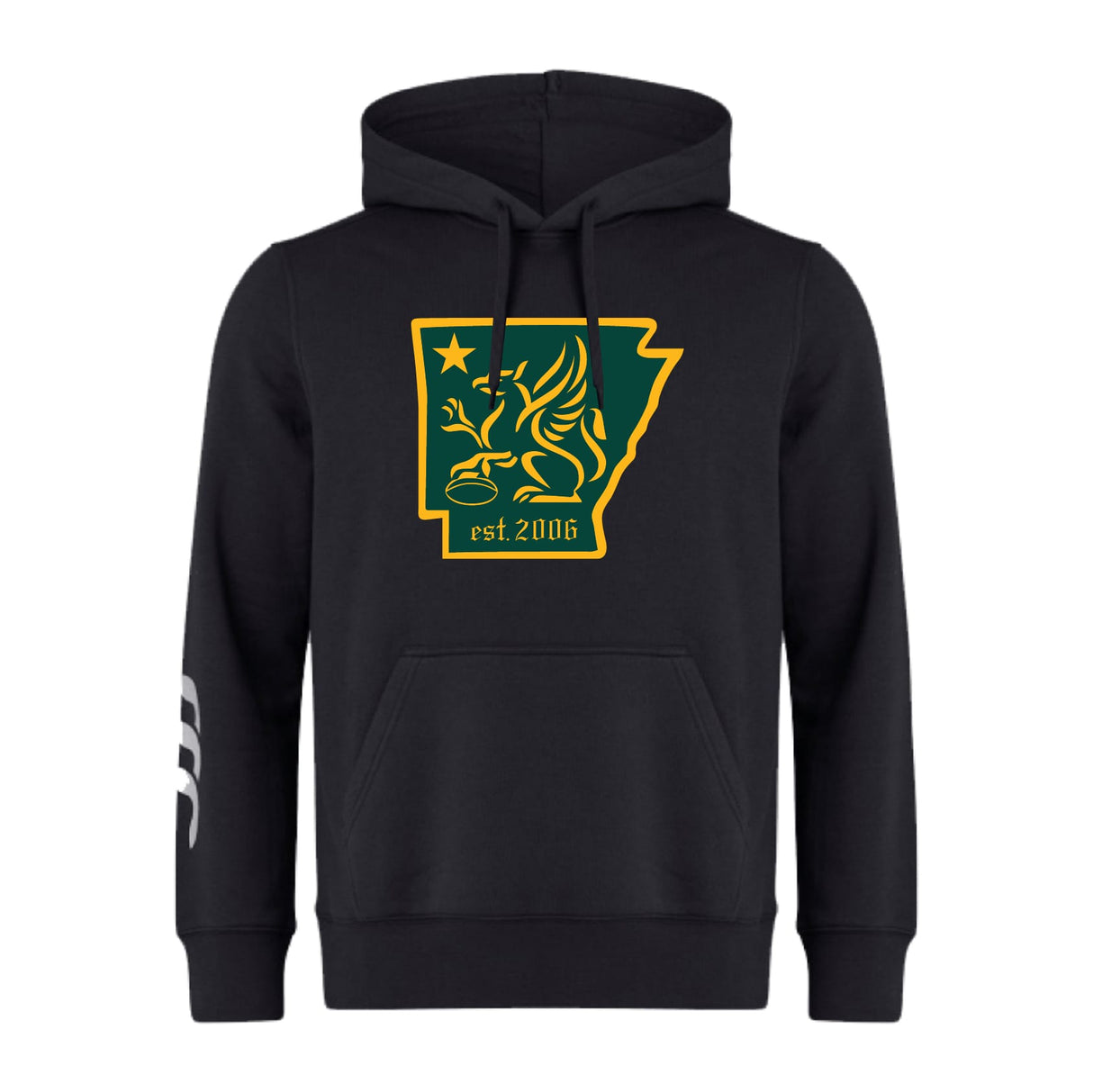 The Arkansas Gryphons Club Hoodie by WRS Canterbury is a black rugby hoodie with a green and yellow Arkansas graphic, winged horse, star, "est. 2006" on the chest, and white stripes on the left sleeve.