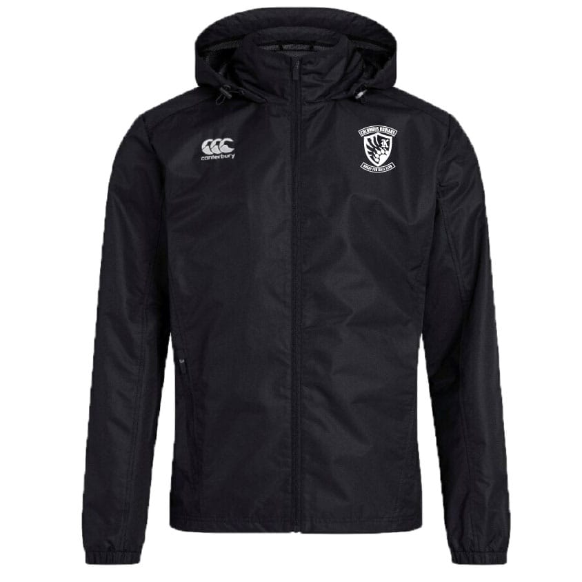 The Columbus Kodiaks Club Vaposhield Full Zip Rain Jacket by EMB Canterbury features VapoShield technology, a front zipper, black hood, Canterbury logo on the right chest, and a white club crest on the left.