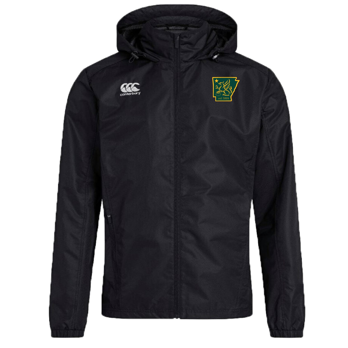 The Arkansas Gryphons Club VapoShield Full Zip Rain Jacket by EMB Canterbury features a black hooded design, zip front, Canterbury logo on the right chest, green/yellow embroidered crest left chest, and water-resistant VapoShield technology.