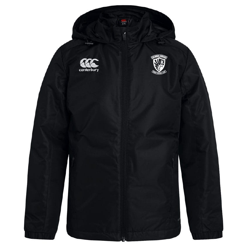 Stay dry and comfortable in the EMB Canterbury Columbus Kodiaks Club Vaposhield Stadium Jacket—black, water repellent, with a front zipper, Canterbury logo, and shield emblem on the chest.