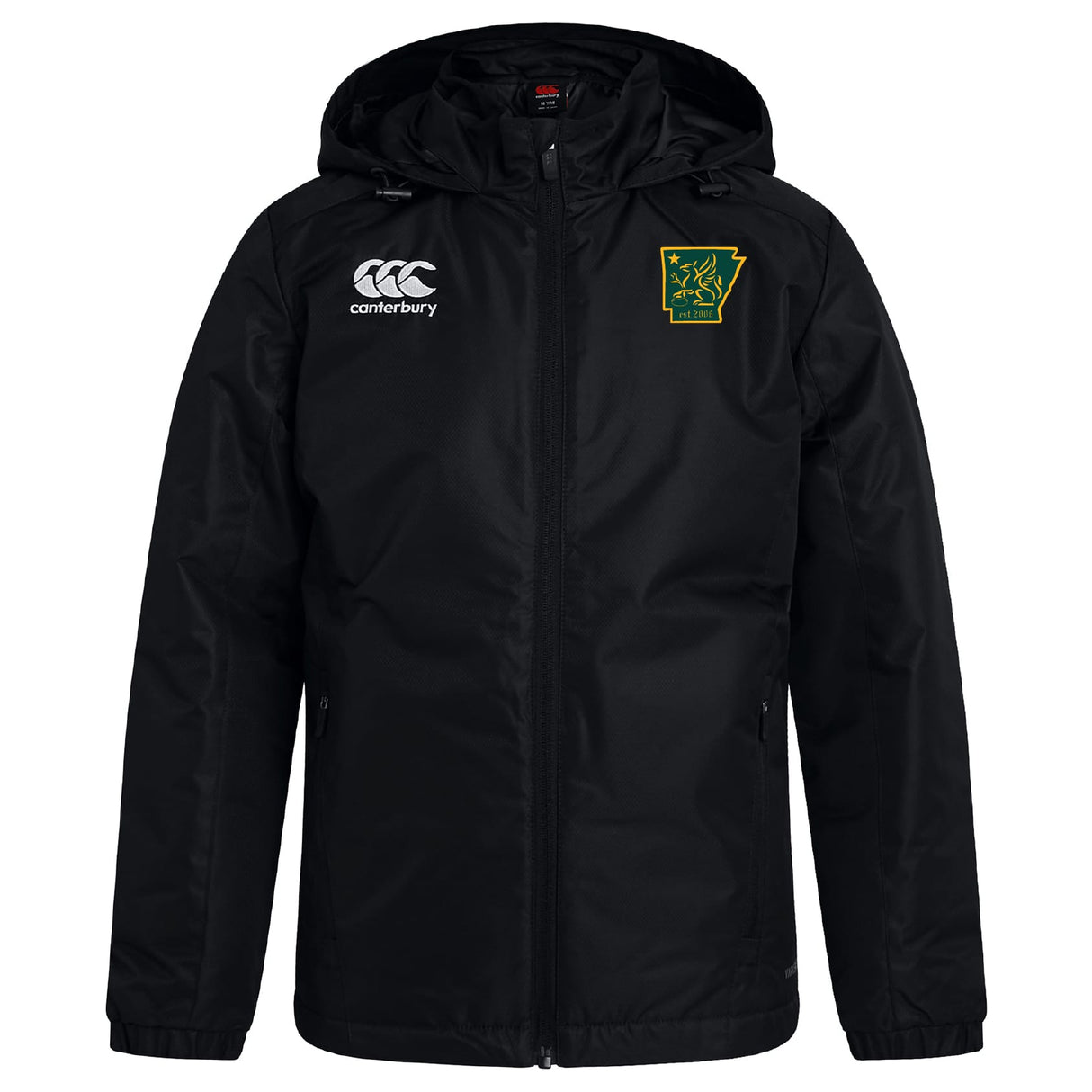 Stay dry and warm in the Arkansas Gryphons Club Vaposhield Stadium Jacket by EMB Canterbury, featuring water repellent fabric, zip front, padded insulation, a Canterbury logo, and a green-yellow star and kangaroo crest on the chest—ideal for rugby fans.