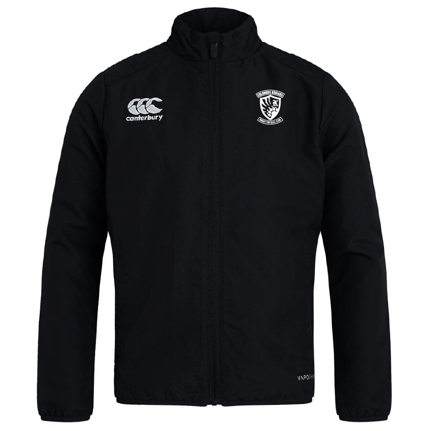 The Columbus Kodiaks Club Track Jacket by EMB Canterbury in black is lightweight with a high collar, Canterbury logo on the right chest, crest on the left, and quick-drying fabric for all-weather comfort.