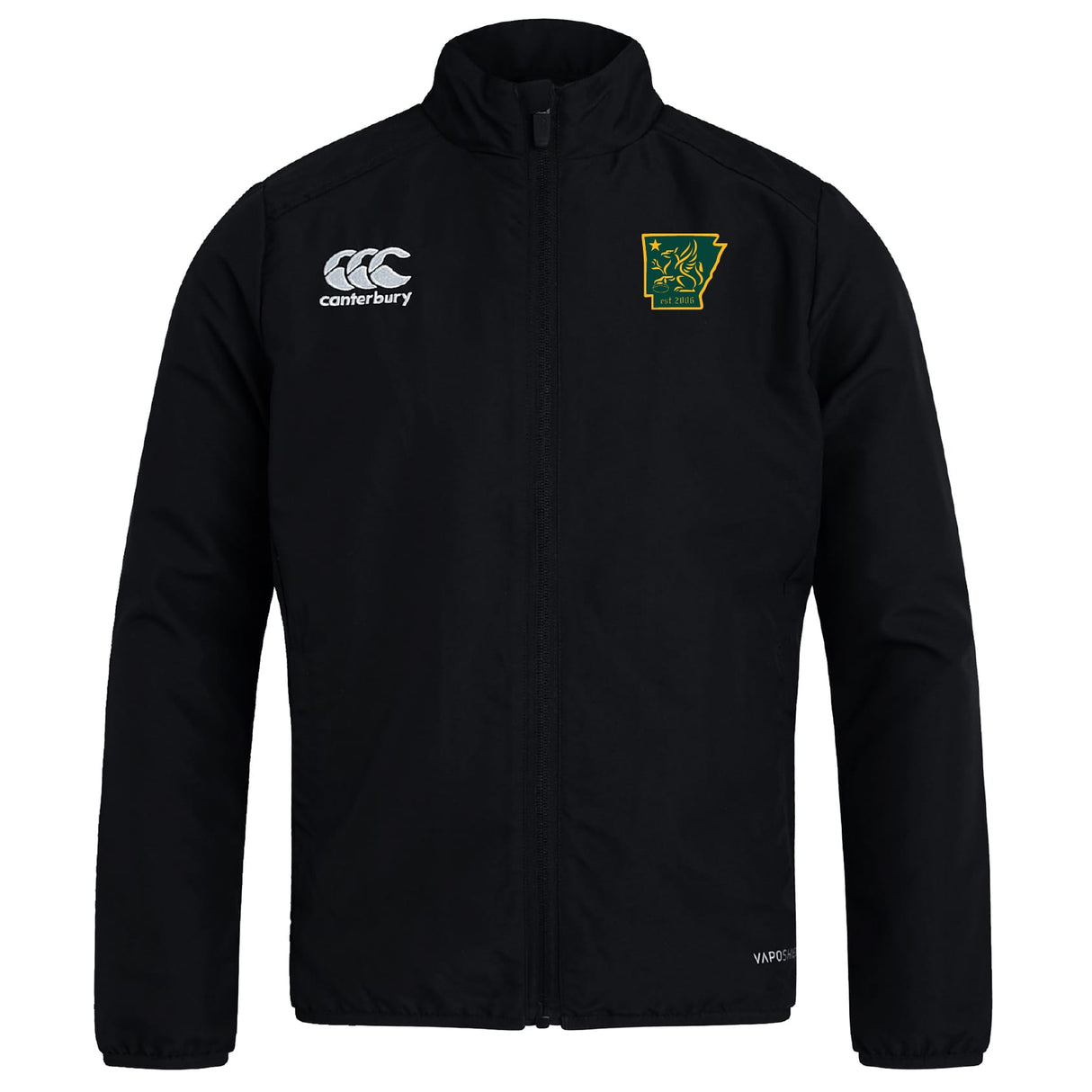 The Arkansas Gryphons Club Track Jacket by EMB Canterbury is a black lightweight jacket with a front zipper, Canterbury logo on the right chest, and a green crest with yellow outline and map emblem on the left. Stay comfortable in style.