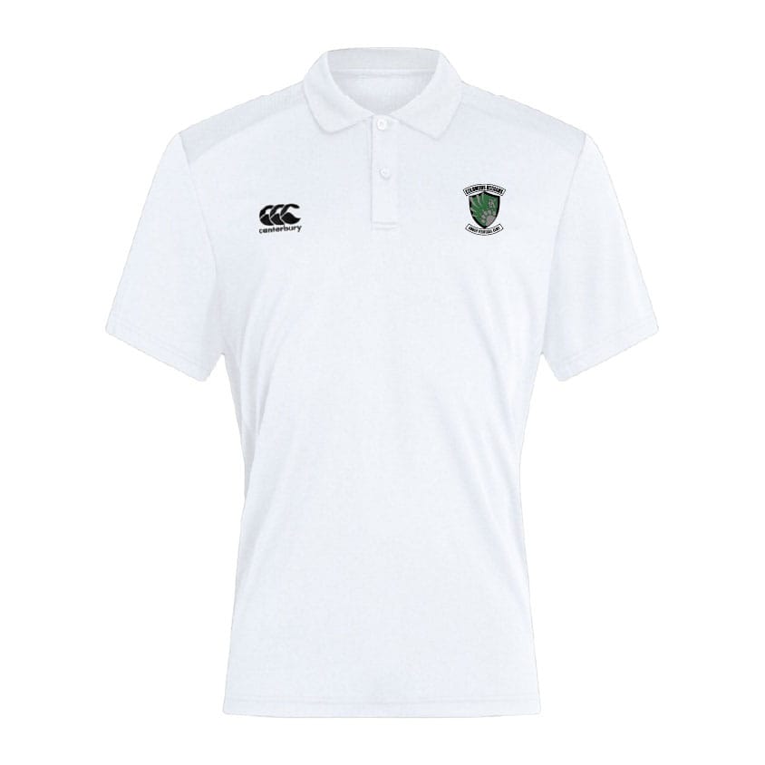 The Columbus Kodiaks Club Dry Polo by EMB Canterbury is a white, short-sleeve polo with Vapodri Technology, a collar, button placket, right chest Canterbury logo, and a green crest with text on the left chest.
