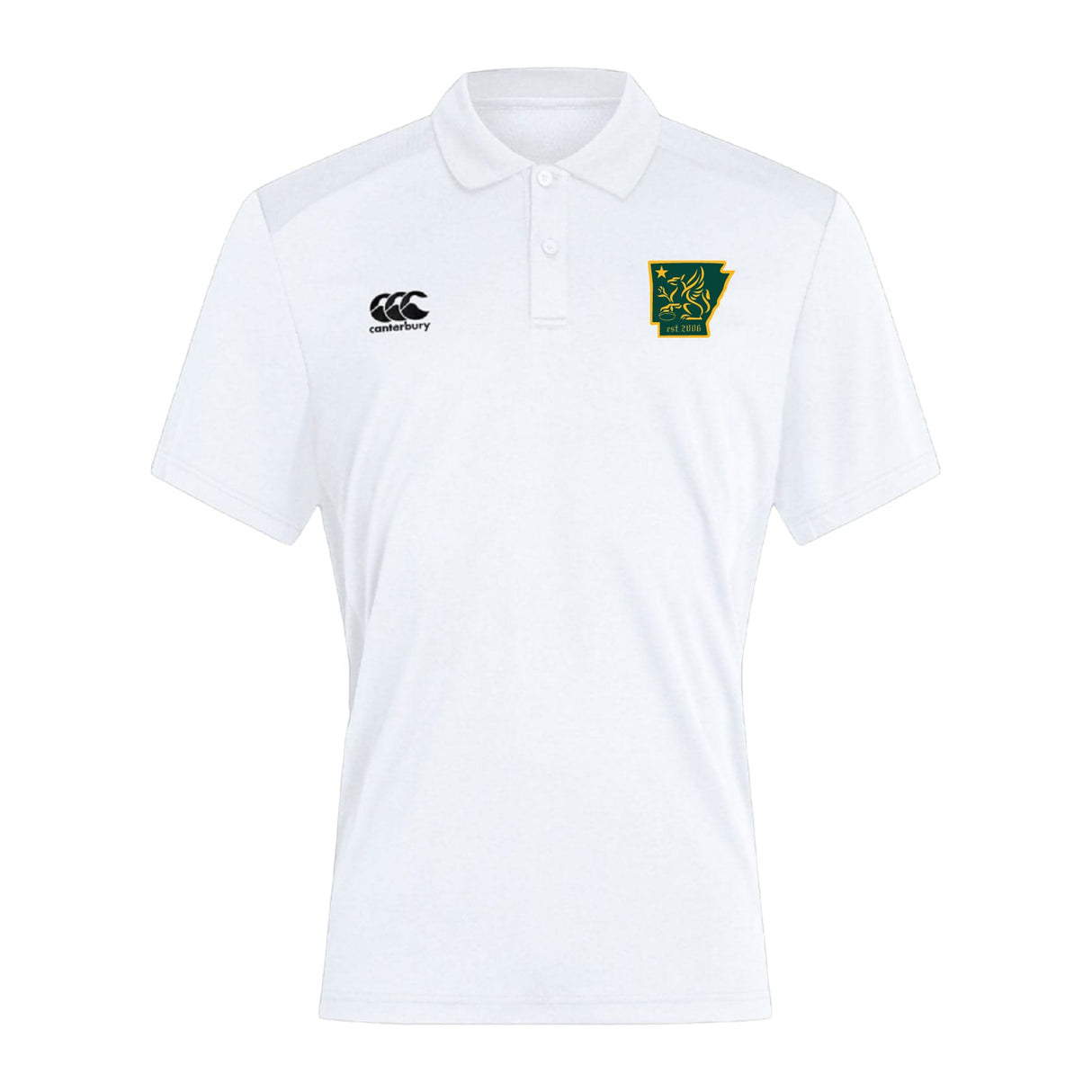 The Arkansas Gryphons Club Dry Polo by EMB Canterbury features short sleeves, Vapodri technology for comfort, and two embroidered chest logos—one on each side—for a classic, breathable polo style.
