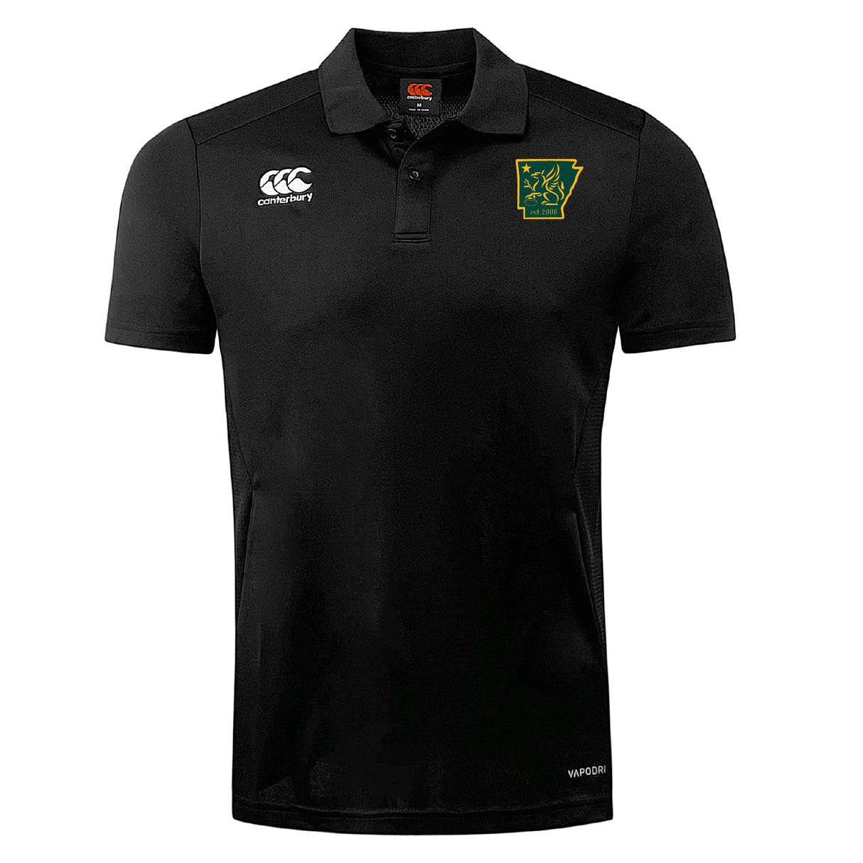 The Arkansas Gryphons Club Dry Polo by EMB Canterbury is a black, short-sleeve collared shirt with Vapodri comfort tech, featuring the Canterbury logo on the right chest and a yellow-trimmed Arkansas bear emblem on the left.