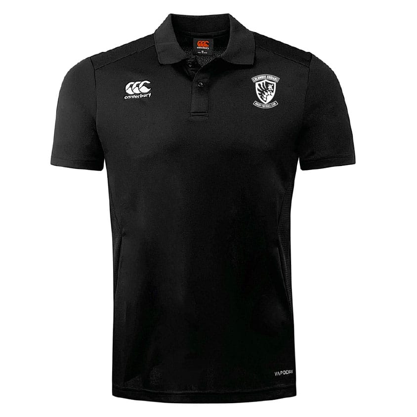 The Columbus Kodiaks Club Dry Polo by EMB Canterbury is a black, short-sleeve collared shirt with a button placket, two white embroidered chest logos, and Vapodri Technology for quick-drying comfort.