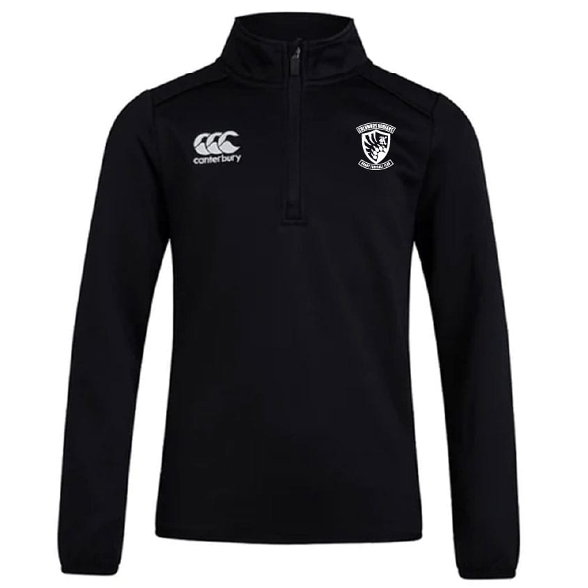 The Columbus Kodiaks Club 1/4 Zip Mid Layer Training Top by EMB Canterbury is a black long-sleeve pullover with team and brand logos on the chest, ideal for rugby training.