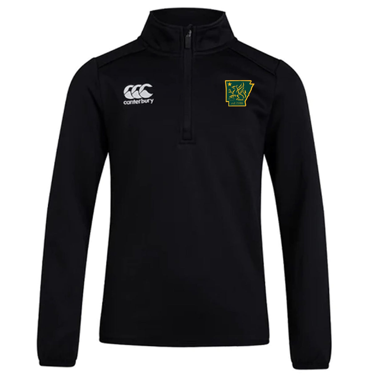 The Arkansas Gryphons Club 1/4 Zip Mid Layer Training Top by EMB Canterbury features a black design with the Canterbury logo on the right chest and a green and yellow crest on the left, perfect for rugby training.