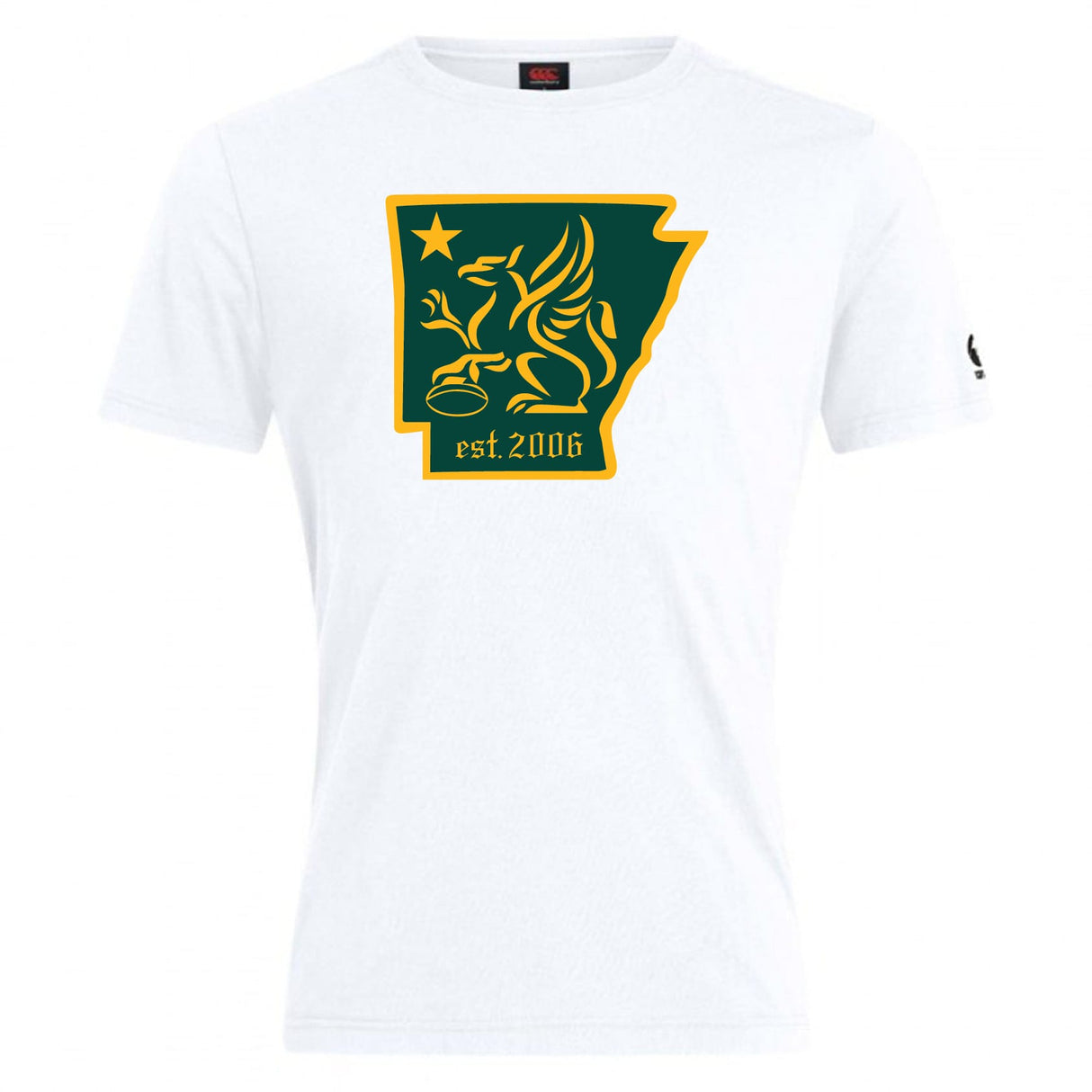 The Arkansas Gryphons Club Plain Tee by WRS Canterbury features a green and yellow winged horse inside Arkansas's outline with a star and "est. 2006" text, crafted from a comfy cotton blend.