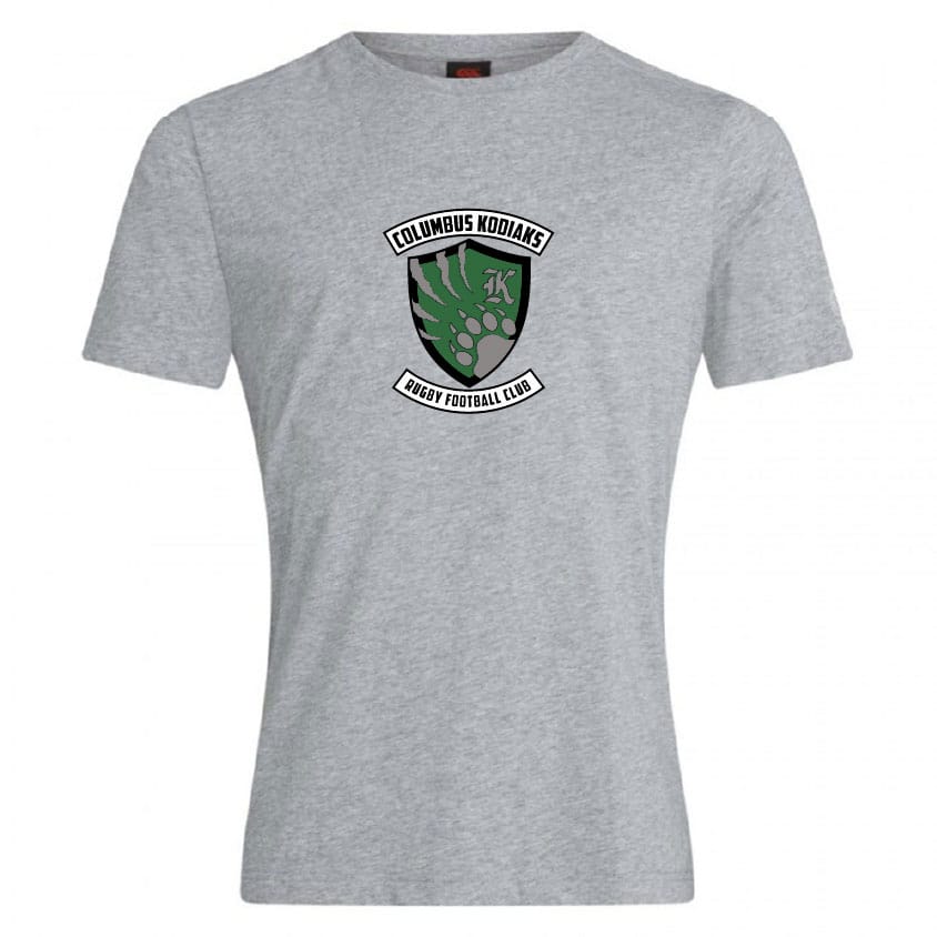 The WRS Canterbury Columbus Kodiaks Club Plain Tee features a gray cotton-heavy blend and displays the Columbus Kodiaks Rugby Football Club logo with a green bear paw and shield on the chest.