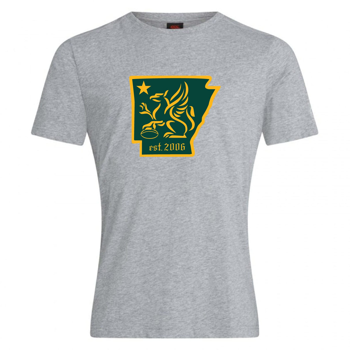 The Arkansas Gryphons Club Plain Tee by WRS Canterbury is a gray cotton-blend shirt showcasing a griffin inside an Arkansas outline, with a star and "est. 2006" graphic below.