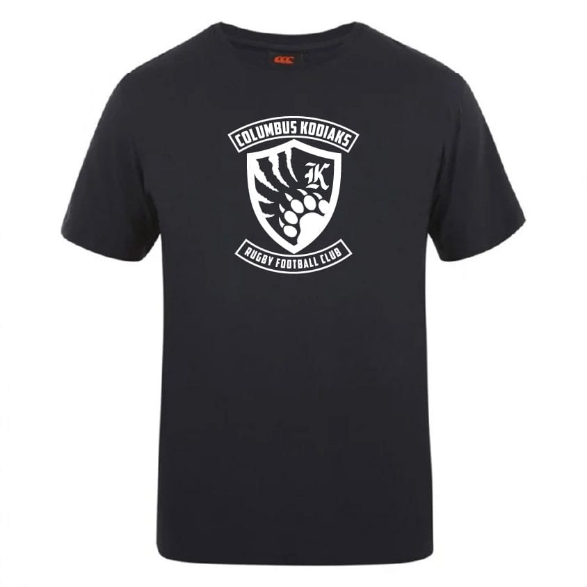 The Columbus Kodiaks Club Plain Tee by Canterbury from WRS Canterbury is a black premium cotton-blend shirt with a white "Columbus Kodiaks Rugby Football Club" logo and bear paw on the front. Customization available.