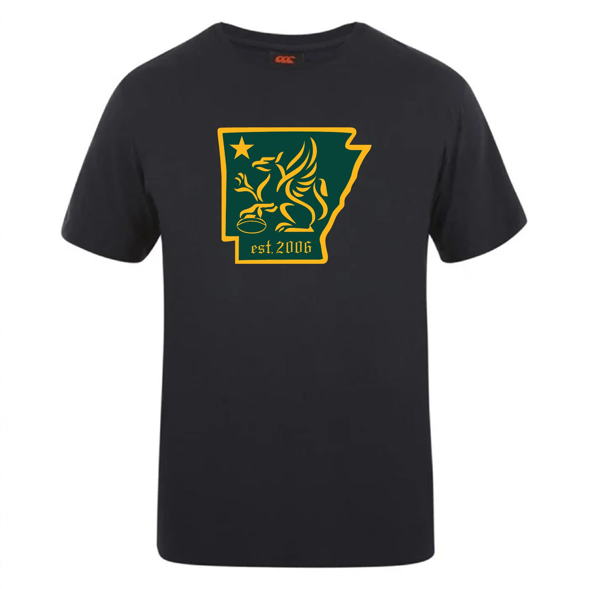 The Arkansas Gryphons Club Plain Tee by WRS Canterbury features a green and yellow griffin inside the Arkansas outline, a star, and "est. 2006" on the front. Made from a soft cotton blend for comfort.