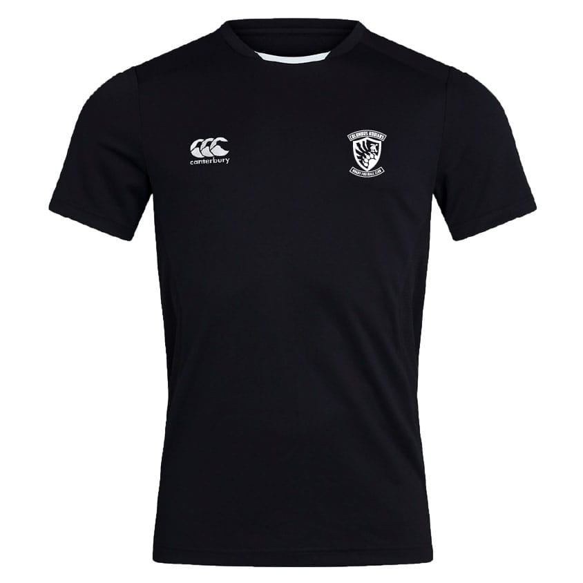 The Columbus Kodiaks Club Dry Tee by EMB Canterbury is a black short-sleeve athletic shirt with Vapodri Technology for quick drying, featuring a white Canterbury logo on the right chest and a shield emblem on the left.