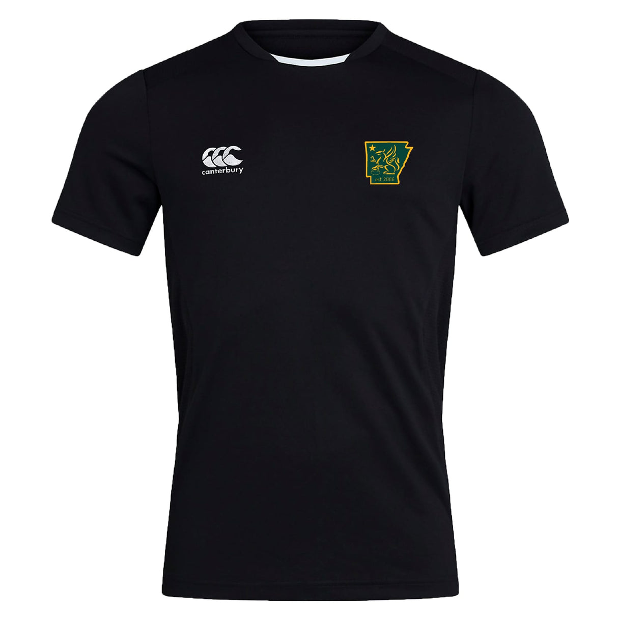 The Arkansas Gryphons Club Dry Tee by EMB Canterbury is a black short-sleeve shirt with a white Canterbury logo on the right chest and a green/yellow Arkansas patch on the left. This breathable workout tee keeps you cool during intense training.
