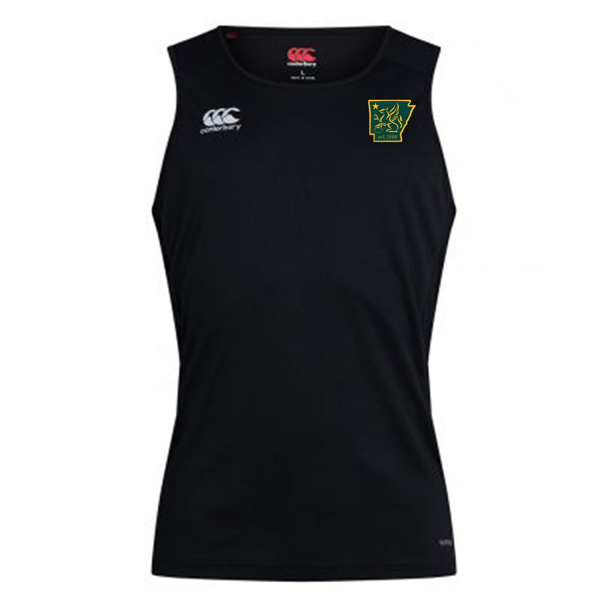 Sleeveless black Arkansas Gryphons Club Dry Singlet by EMB Canterbury with two white logos and a green and yellow patch featuring a stylized kangaroo and "VARSITY" on the left chest.