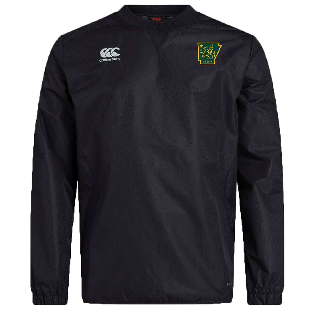 The EMB Canterbury Arkansas Gryphons Club Vaposhield Contact Top is a black long-sleeve rugby training top with a water-repellent finish, featuring the Canterbury logo and a yellow-green Arkansas emblem on the chest.