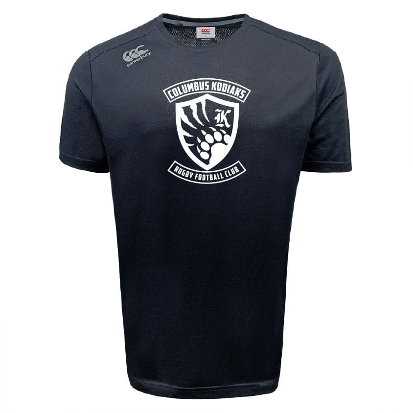The Columbus Kodiaks Tempo Vapodri T-Shirt by WRS Canterbury is a black sports tee featuring a white team logo on the chest, a small Canterbury logo on the right shoulder, and moisture-wicking VapoDri technology.