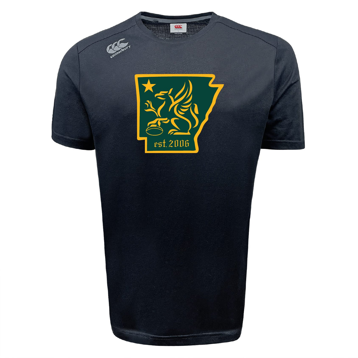 The Arkansas Gryphons Tempo Vapodri T-Shirt by WRS Canterbury is a black athletic tee with a green and gold griffin in an Arkansas outline, "est. 2006" below, and shoulder logo; designed for moisture-wicking performance comfort.