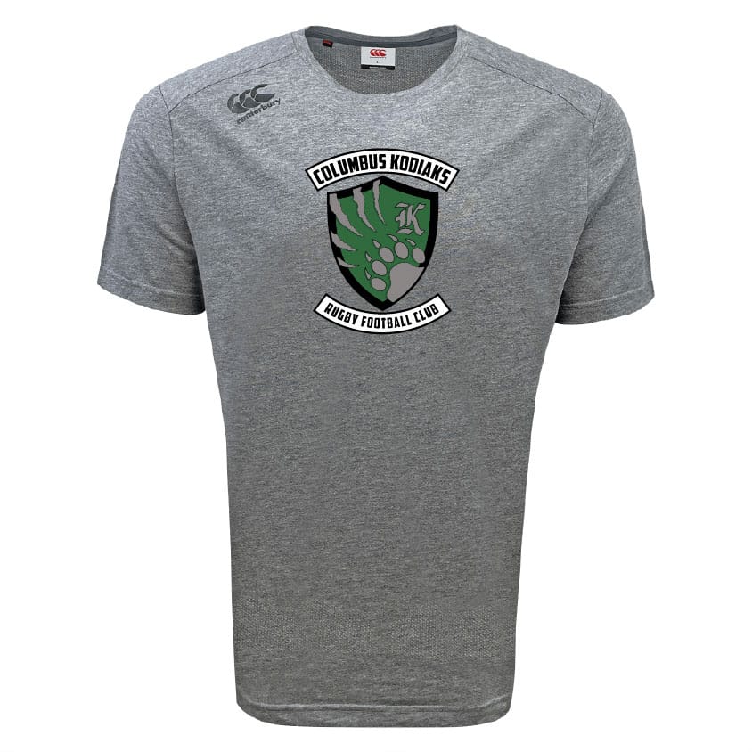 The Columbus Kodiaks Tempo Vapodri T-Shirt by WRS Canterbury features a green bear paw chest logo, a small Canterbury logo on the right shoulder, and VapoDri moisture-wicking technology for comfort.