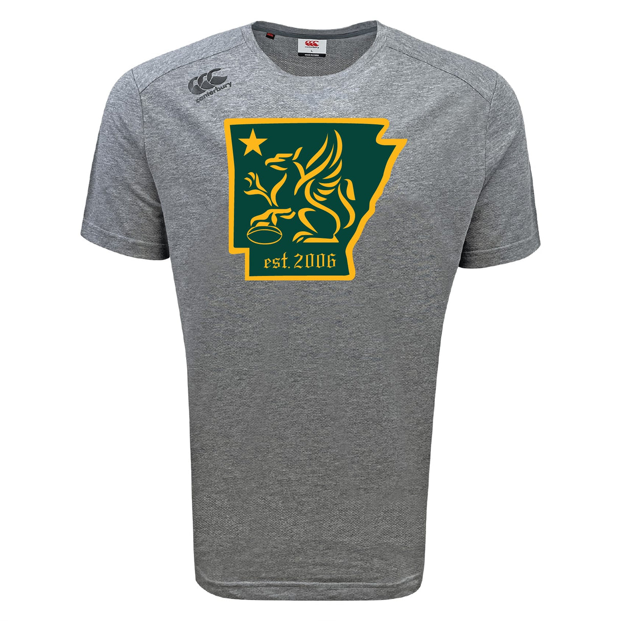 The WRS Canterbury Arkansas Gryphons Tempo Vapodri T-Shirt is a gray short-sleeve performance tee with a green and gold griffin inside an Arkansas outline and "est. 2006" below.