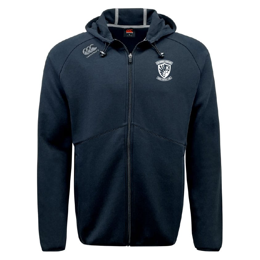 The Columbus Kodiaks Tempo Vapodri Full-Zip Hoodie by EMB Canterbury features a navy blue design with a hood, two front pockets, white logos on the left chest and right shoulder, and moisture-wicking VapoDri fabric for comfort.