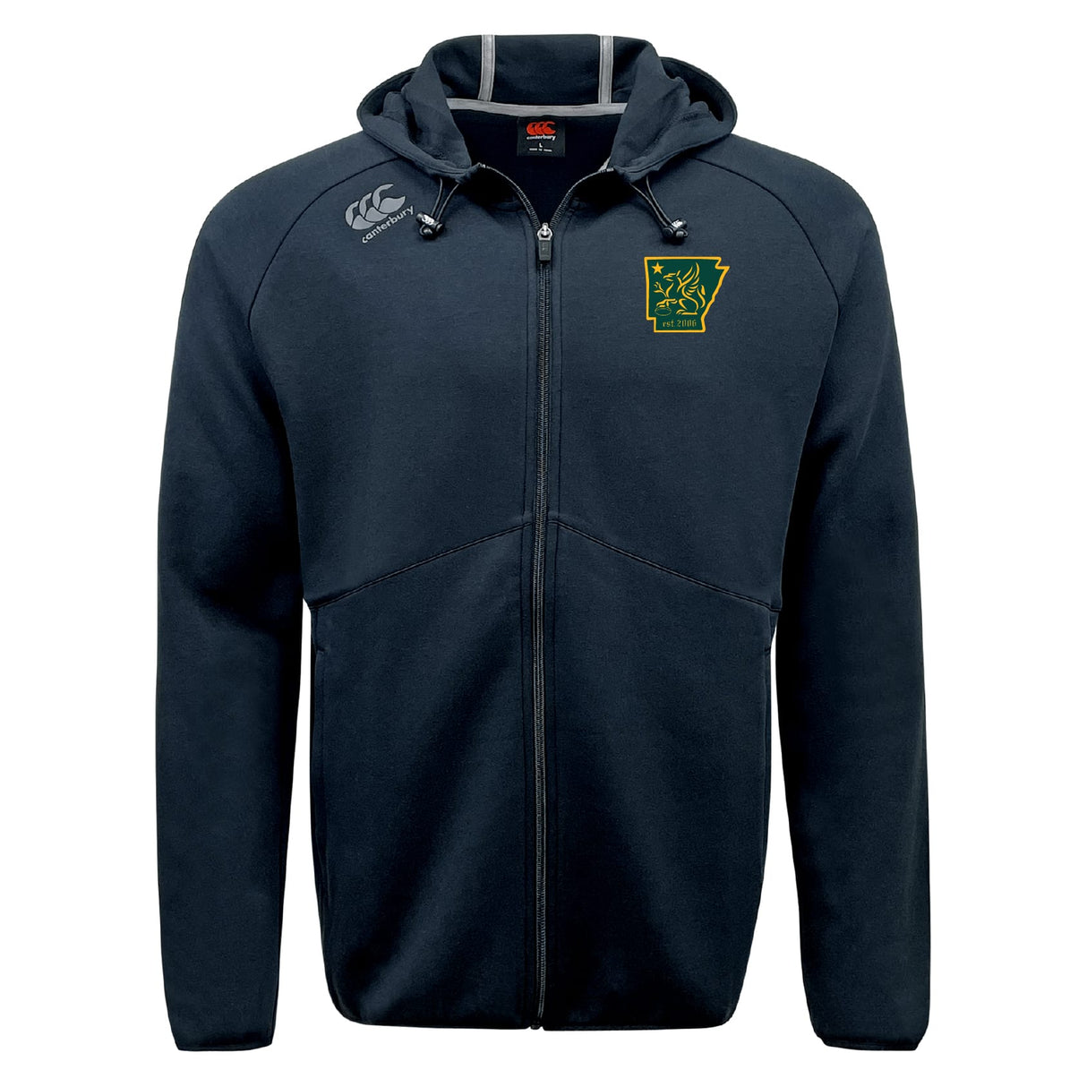 The Arkansas Gryphons Tempo Vapodri Full-Zip Hoodie by EMB Canterbury is a black hoodie with gray stitching, a green and yellow chest logo, and a white shoulder logo, offering stylish, moisture-wicking comfort for any activity.
