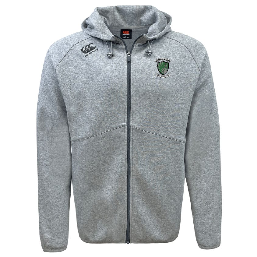 The Columbus Kodiaks Tempo Vapodri Full-Zip Hoodie by EMB Canterbury is a light gray hoodie with a hood, two front pockets, moisture-wicking VapoDri fabric, and two embroidered Canterbury logos on the chest.