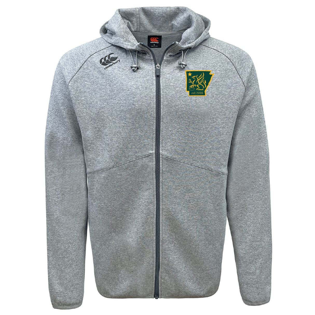 The Arkansas Gryphons Tempo Vapodri Full-Zip Hoodie by EMB Canterbury features a hood, front pockets, the Canterbury logo on the right chest, a green and yellow wallaby emblem on the left, and moisture-wicking fabric for all-day comfort.