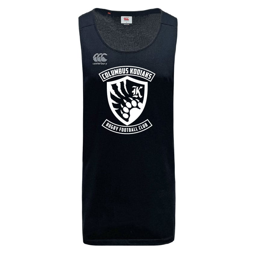 The Columbus Kodiaks Tempo Vapodri Singlet by WRS Canterbury is a black sleeveless jersey featuring a white "Columbus Kodiaks Rugby Football Club" and bear paw logo, made from recycled polyester for sustainable comfort.