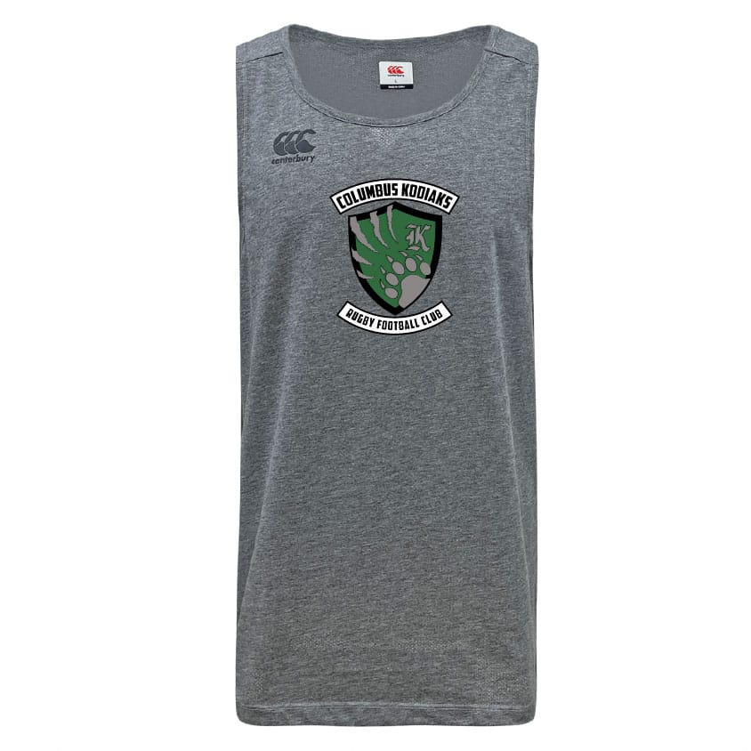 The Columbus Kodiaks Tempo Vapodri Singlet by Canterbury is a sleeveless gray athletic tank top made from recycled polyester, featuring the rugby club logo and VapoDri moisture management technology. Brand: WRS Canterbury.