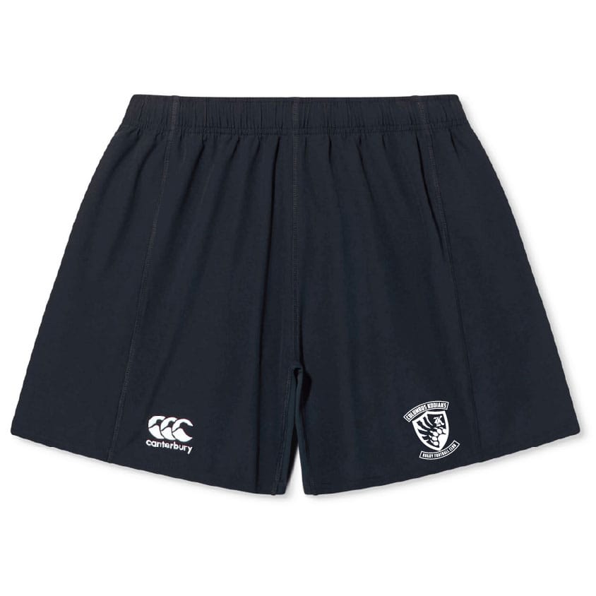 The Columbus Kodiaks Yokohama Short by EMB Canterbury is made from lightweight fabric, featuring the Canterbury logo on the left leg and a school crest on the right leg.