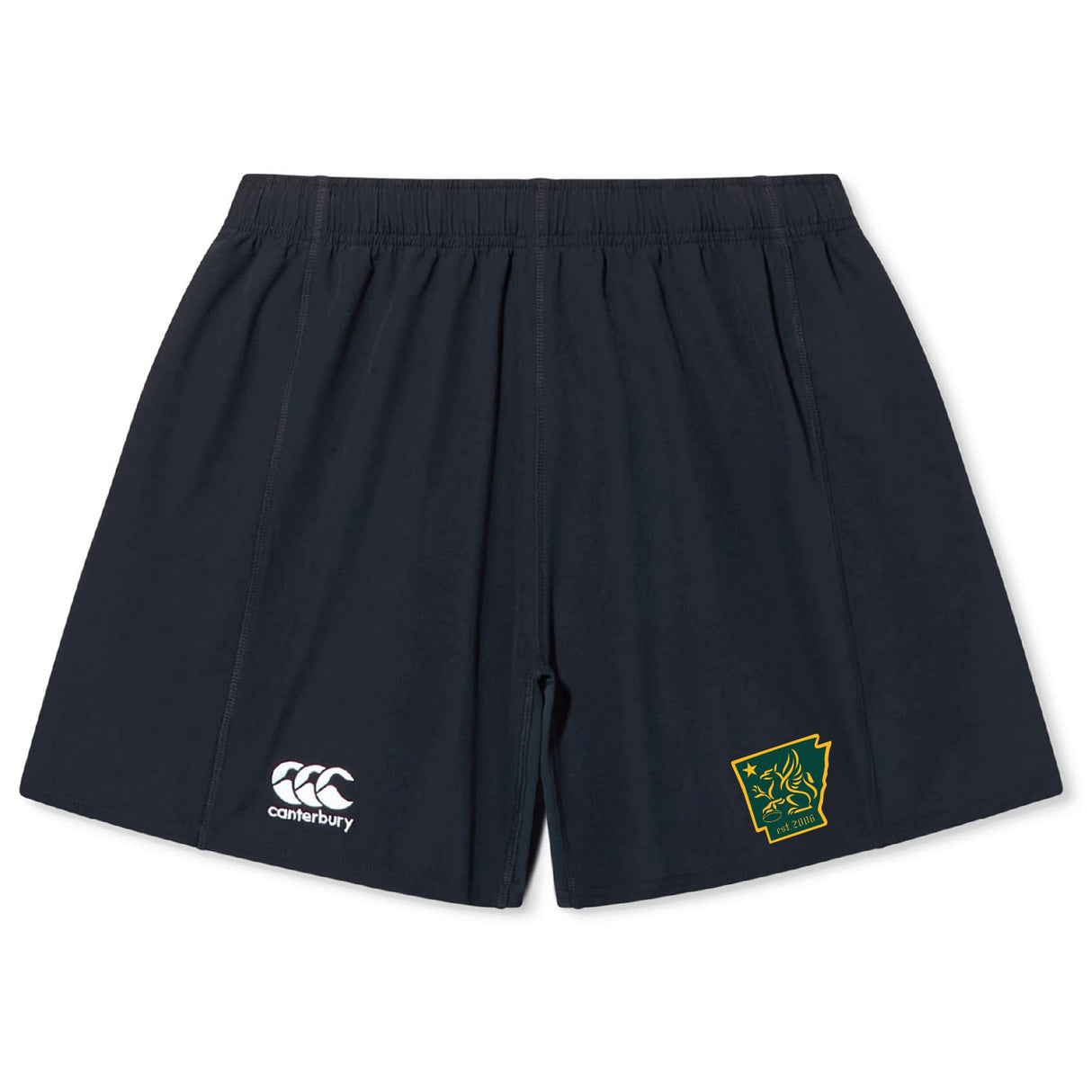 The Arkansas Gryphons Yokohama Short by EMB Canterbury features navy blue fabric, an elastic waistband, a white Canterbury rugby logo left side, and a green and gold embroidered crest right side, inspired by the classic Yokohama Short.