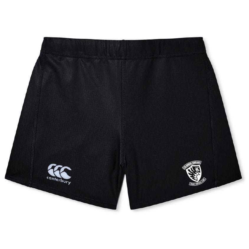 The Columbus Kodiaks Women's Yokohama Short by EMB Canterbury is a pair of black rugby shorts made from Vapodri Fabric, featuring the Canterbury logo and a sports club crest on the front.