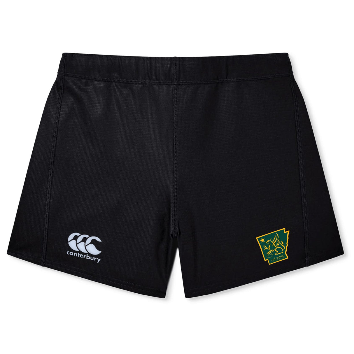 The Arkansas Gryphons Women's Yokohama Short by EMB Canterbury features the classic Canterbury rugby logo on the left leg and a green and yellow embroidered patch on the right, ideal for fans of Yokohama style.