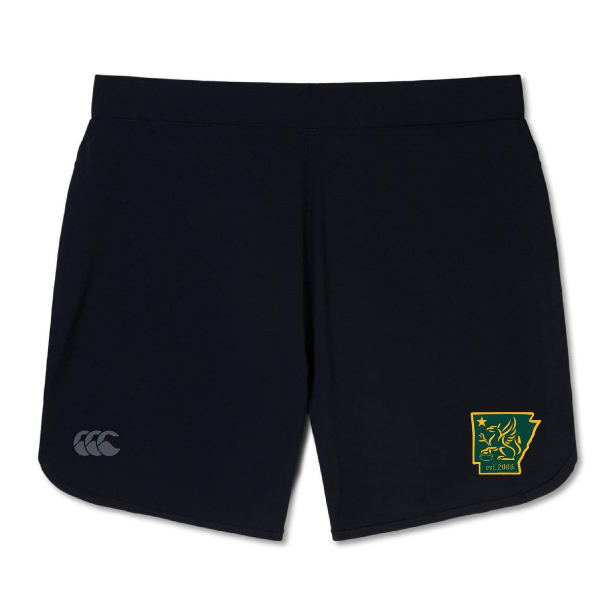 The Arkansas Gryphons Women's Elite Woven Short by EMB Canterbury features zippered pockets, a white Canterbury logo, and a yellow-green lion crest—ideal women’s gym shorts for workouts or sports.