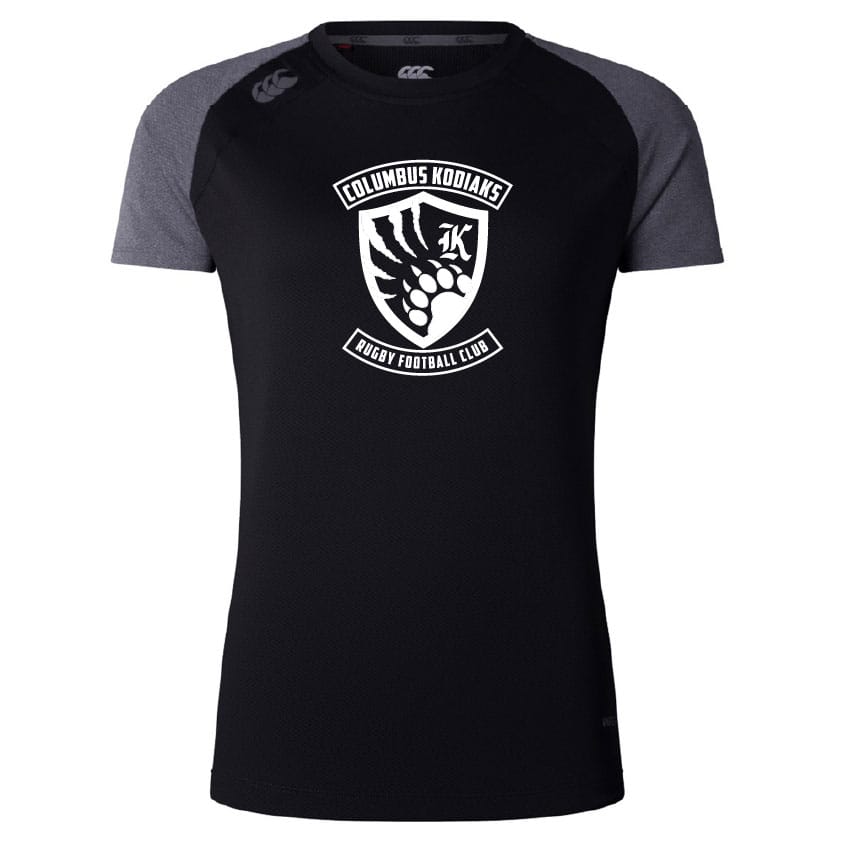 The WRS Canterbury Columbus Kodiaks Women's Elite Training Tee is a black and dark gray short-sleeve rugby shirt made from lightweight recycled polyester with Vapodri tech, featuring the club logo on the chest—perfect for serious athletes.