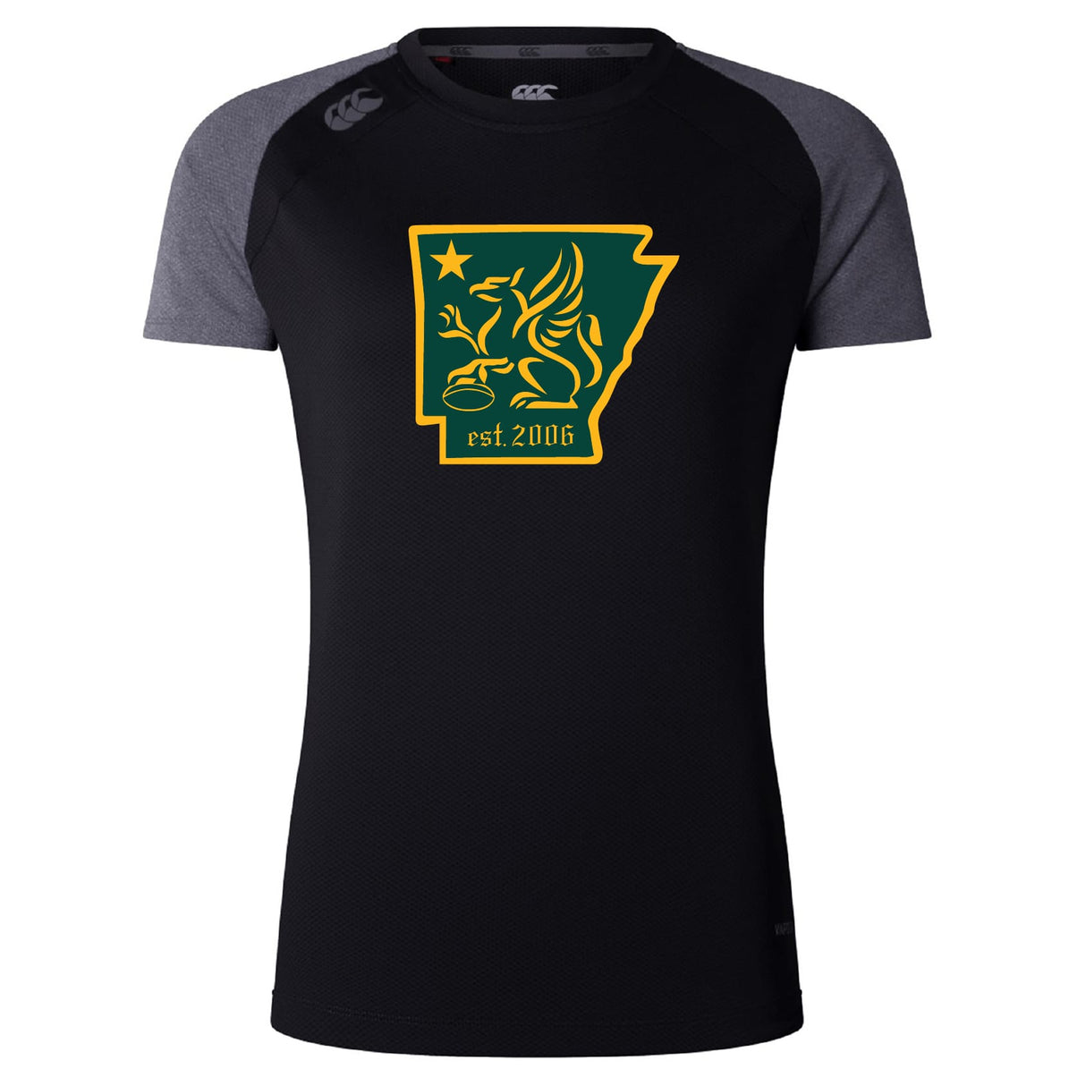 The Arkansas Gryphons Women's Elite Training Tee by WRS Canterbury features black and gray recycled polyester, plus a yellow and green griffin, star, and “est. 2006” graphic inside an Arkansas outline on the chest.