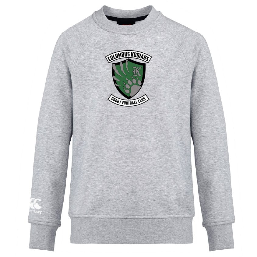 The Columbus Kodiaks Club Crew Sweatshirt by Canterbury, from WRS Canterbury, is a light grey ultra-soft sweatshirt featuring the club logo and paw print on the chest plus an embroidered CCC logo on the left sleeve for style and comfort.