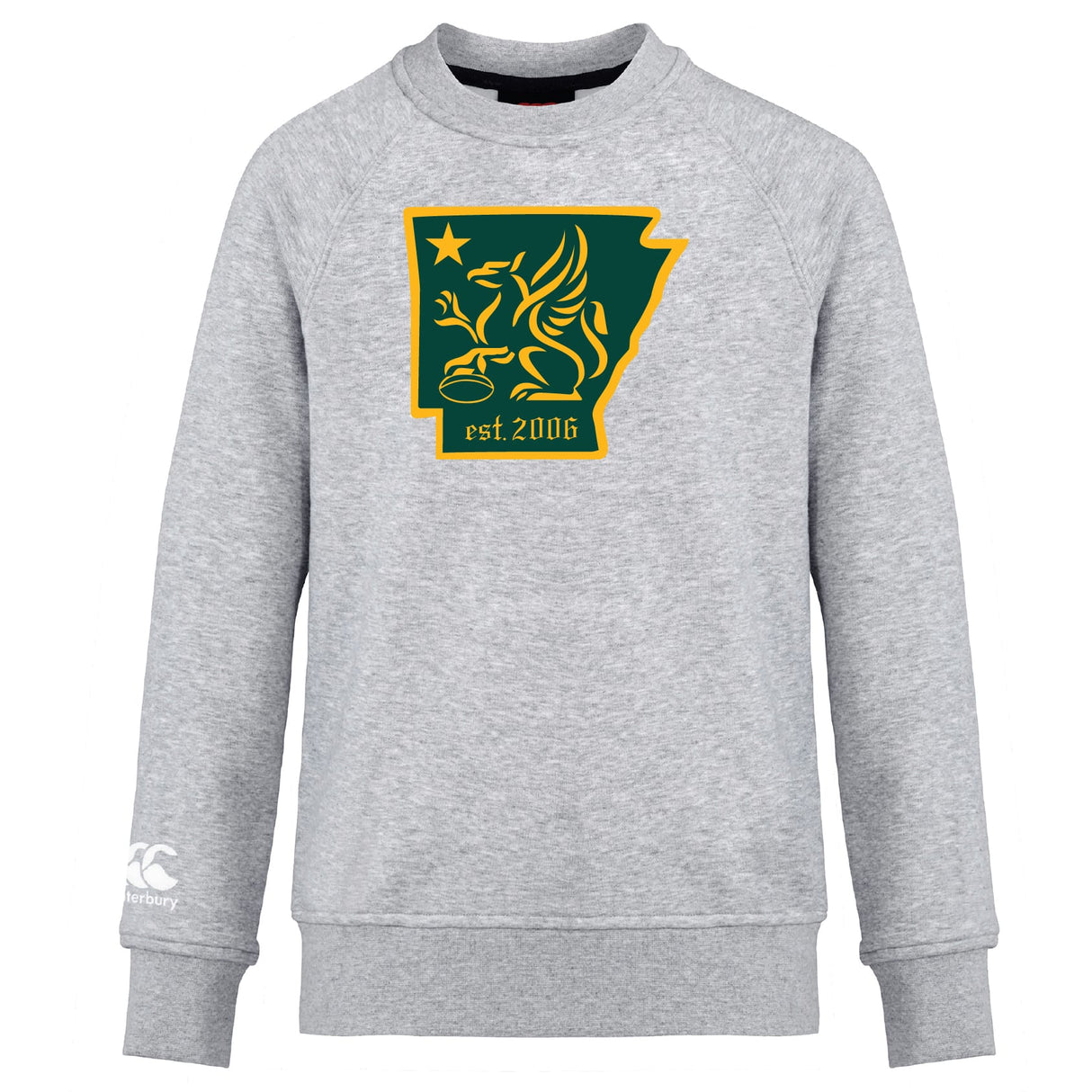 The Arkansas Gryphons Club Crew Sweatshirt by WRS Canterbury features a green and gold griffin inside an Arkansas outline with "est. 2006," plus an embroidered CCC logo on the ultra-soft light gray sleeve.