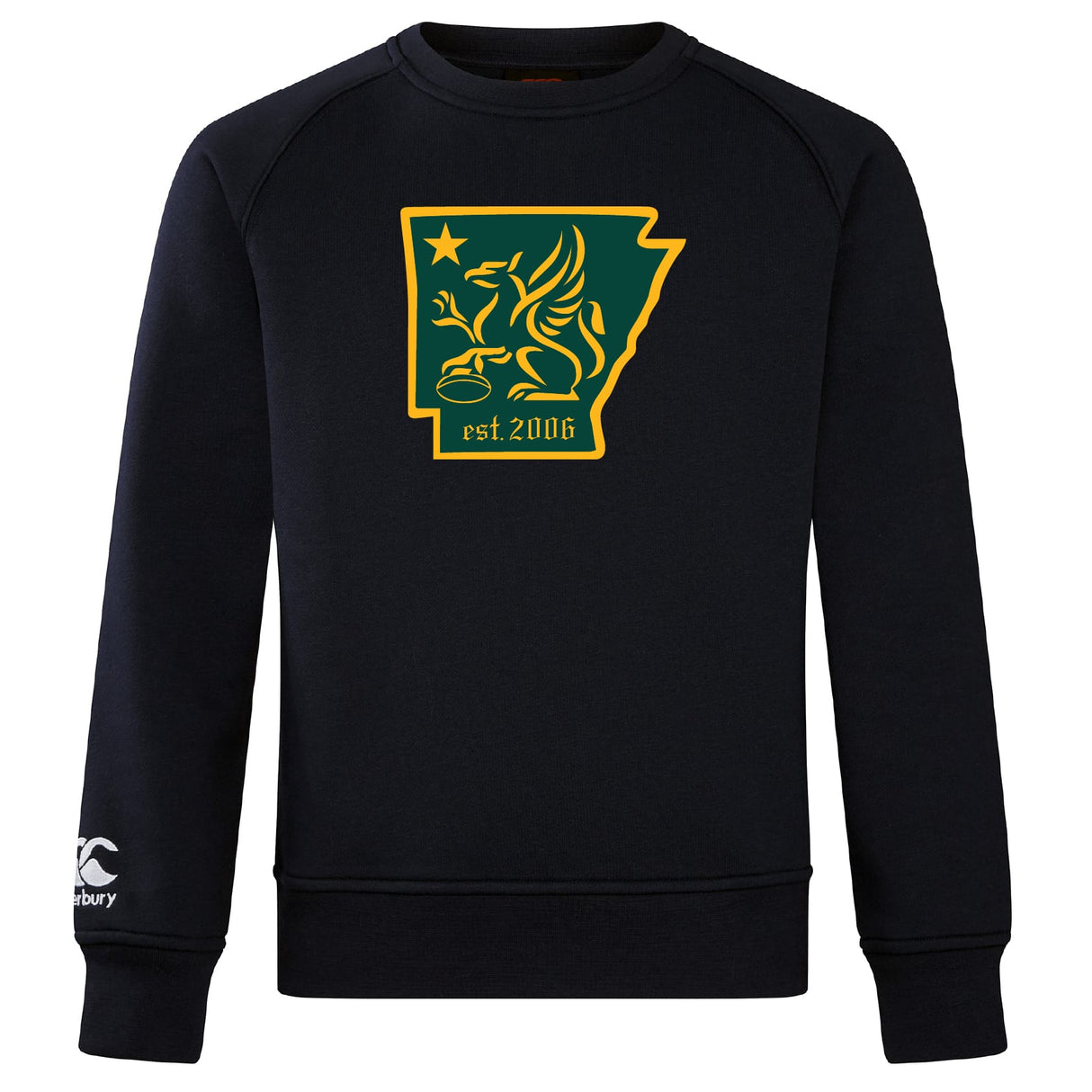 The Arkansas Gryphons Club Crew Sweatshirt by WRS Canterbury is ultra soft, black, and features Arkansas’s outline with a griffin, star, “est. 2006” in yellow-green, plus an embroidered CCC logo on the left sleeve.
