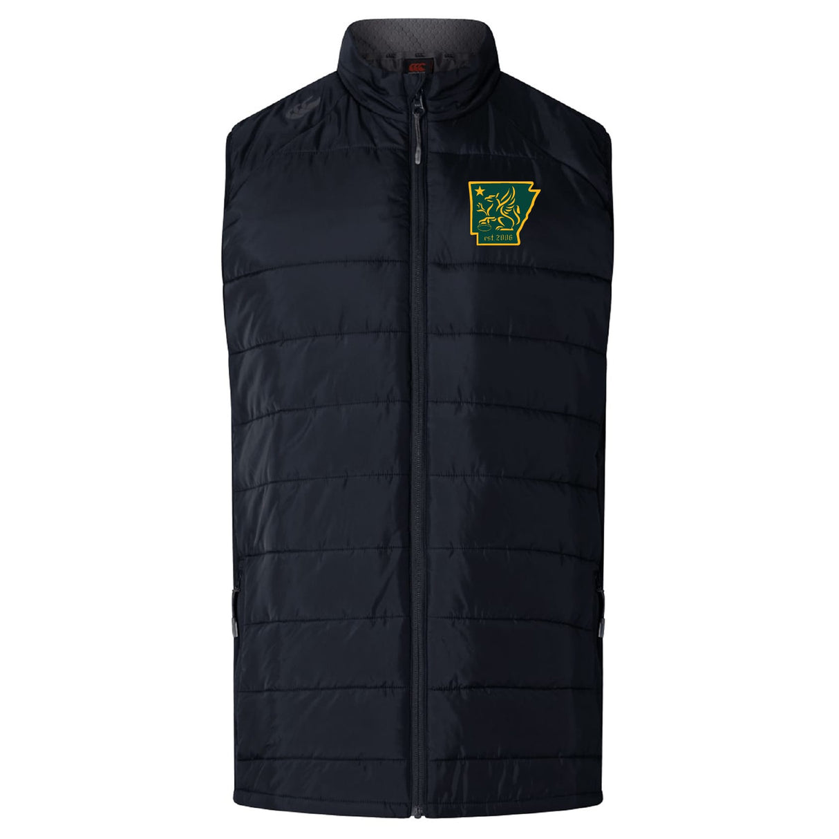 The EMB Canterbury Arkansas Gryphons Elite Microlite Gilet is a black insulated vest with horizontal stitching, a front zipper, and a green and yellow Arkansas-themed logo on the left chest.