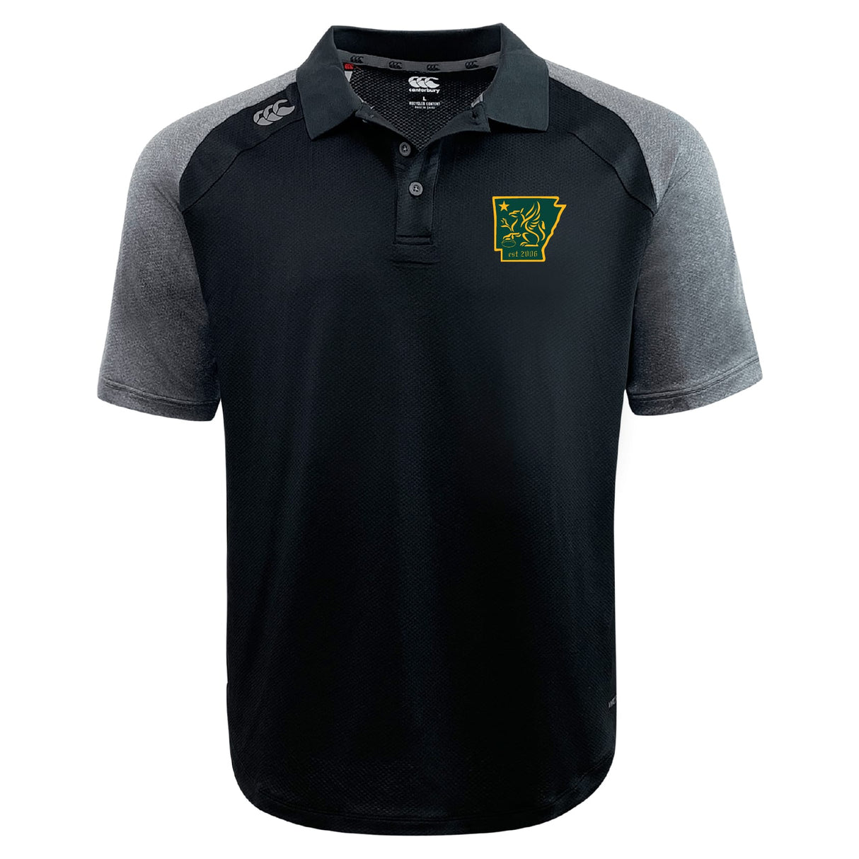 The Arkansas Gryphons Elite Polo by EMB Canterbury features Vapodri fabric, a green and yellow Arkansas logo on the left chest, and a Canterbury logo on the right shoulder. This lightweight black and gray polo offers comfort and style.