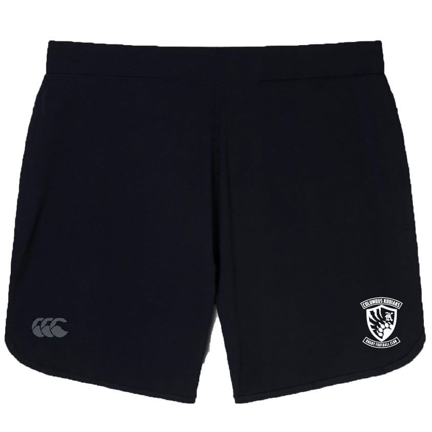 The Columbus Kodiaks Elite Woven Short by Canterbury features zippered pockets, a logo on the lower left leg, and an emblem on the lower right—your ideal EMB Canterbury training short.